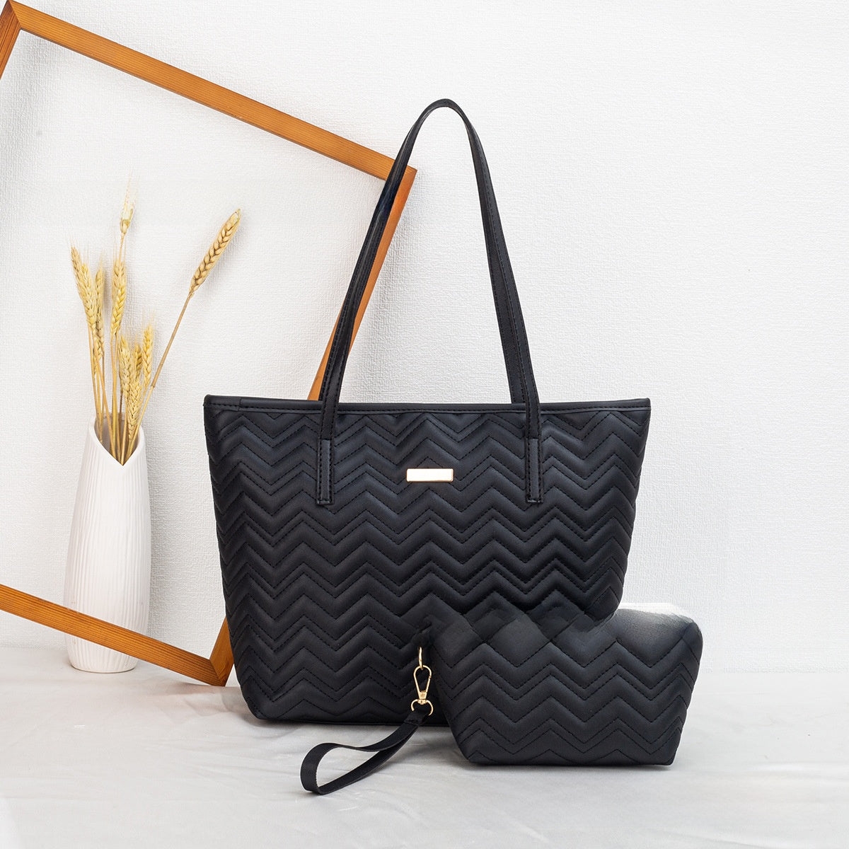 PU Embroidery Shoulder Tote Bag Set