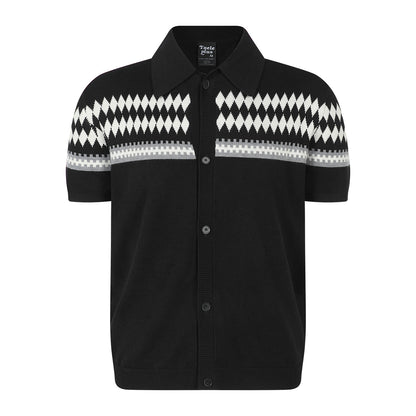 Jacquard collar button knit short sleeved cardigan for men