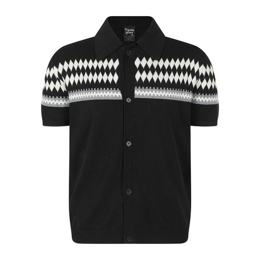 Jacquard collar button knit short sleeved cardigan for men