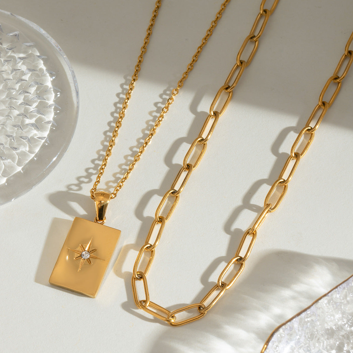 Stainless steel star square pendant double layered necklace