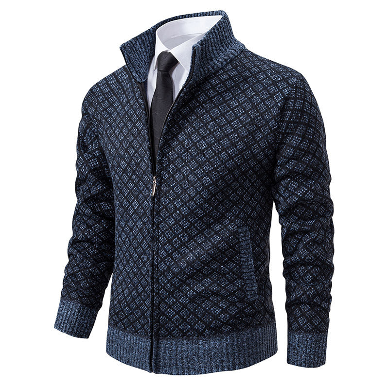 Velvet thickened casual stand up collar hooded zipper knitted jacket