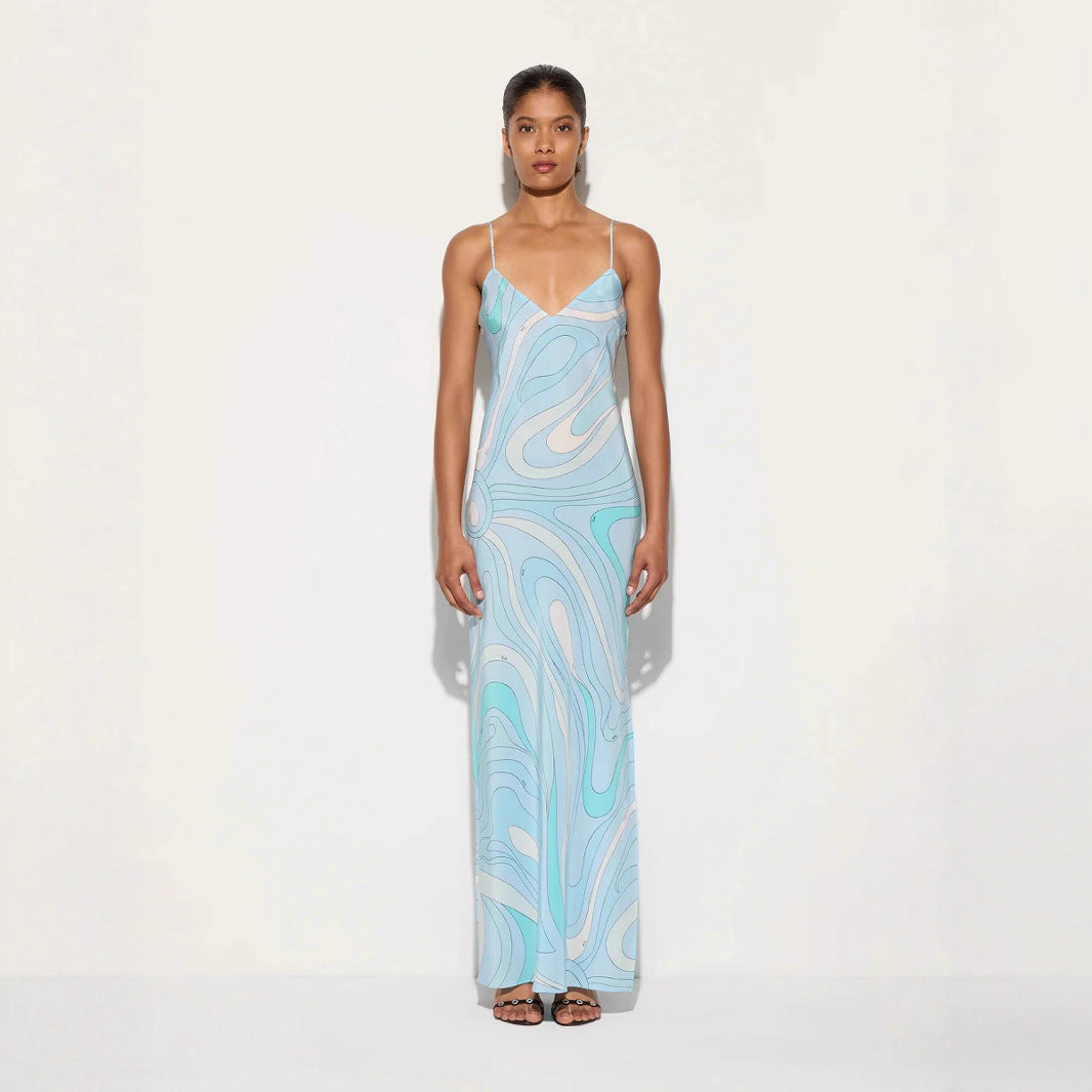 Elegant Satin Printed Sexy Strapless Slit Dress