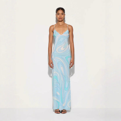 Elegant Satin Printed Sexy Strapless Slit Dress