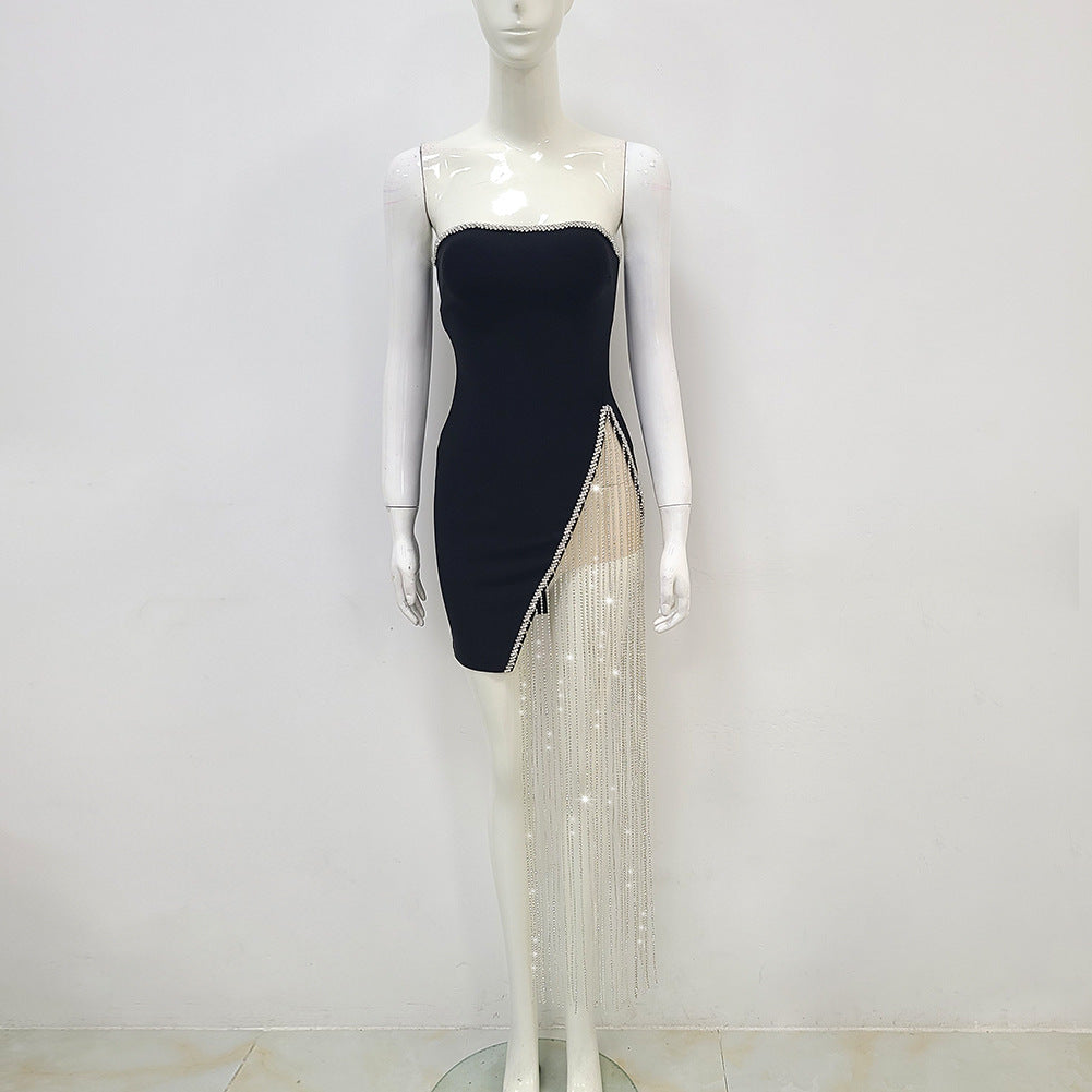 Rhinestone-Wrapped Sexy Slit Tassel Bandage Tube Top Dress