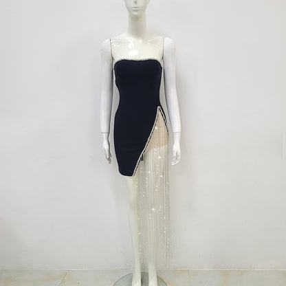 Rhinestone-Wrapped Sexy Slit Tassel Bandage Tube Top Dress