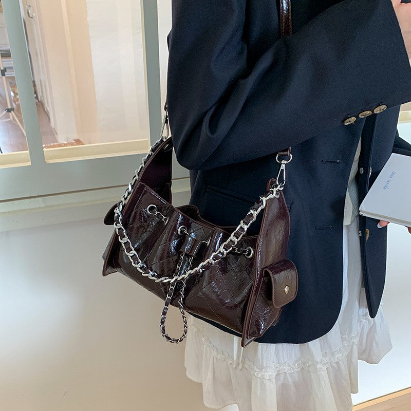 Women's Quilted Diamond Pattern PU Leather Chain Drawstring Shoulder Bag