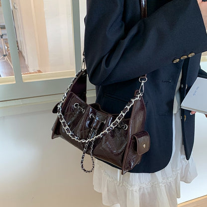Women's Quilted Diamond Pattern PU Leather Chain Drawstring Shoulder Bag