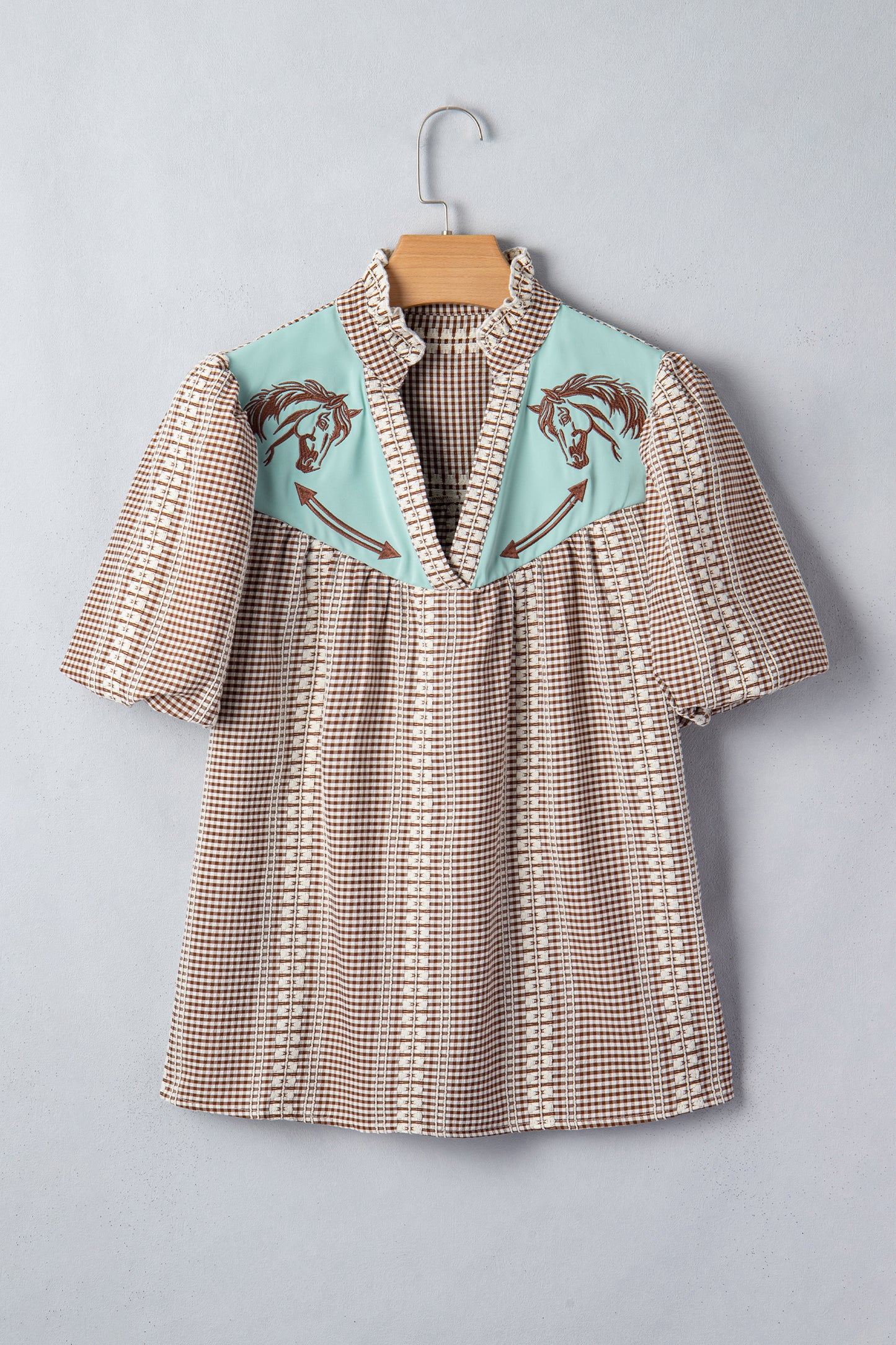 Brown Western Pony Embroidered Yoke Puff Sleeve Gingham Blouse