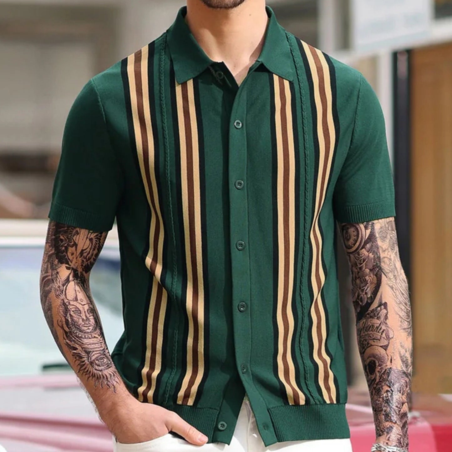 Summer green striped short sleeved slim fit business polo shirt knit sweater Father's Day gift
