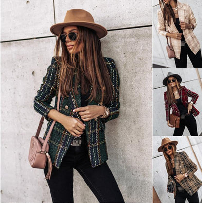 Printed Long Sleeve Double-Breasted Suit Lapel Blazer Coat for Women