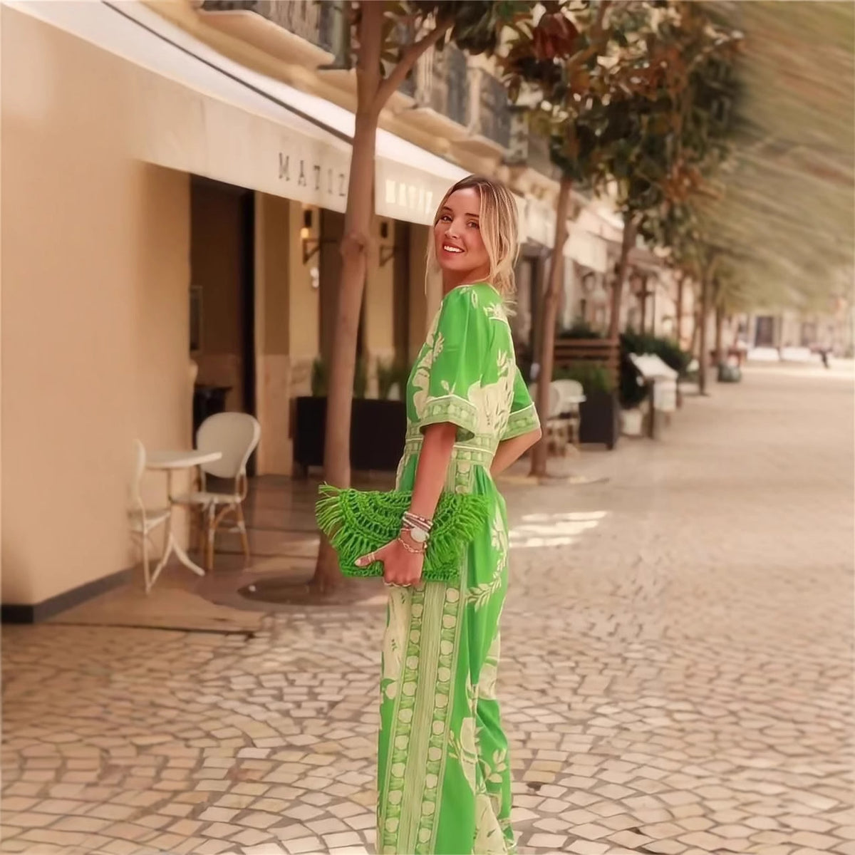 Printed V-Neck Short Sleeve Jumpsuit
