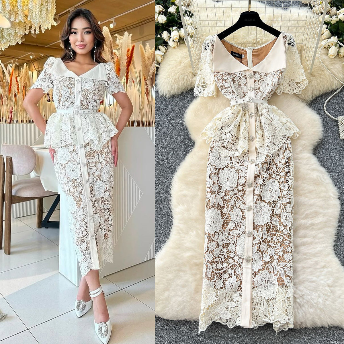 French-Style Hollow Lace Women Dress