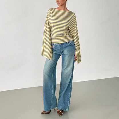 Casual gebreide slim fit top met lange wijde mouwen en strik op de rug