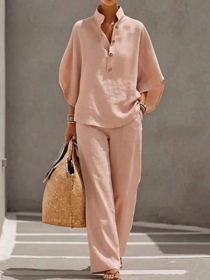 Womens Cotton Linen Shirt Set Casual Long Sleeve