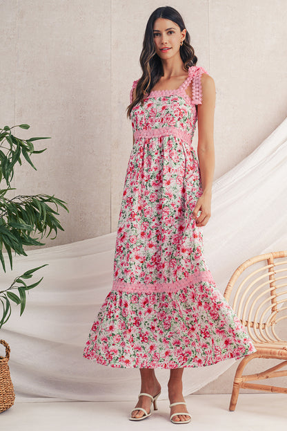 Maxi-jurk met bloemenkant strikbandjes en empiretaille