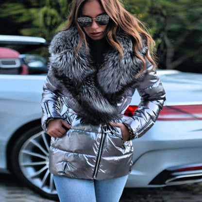Womens Fur Collar Down Cotton Jacket with Belt