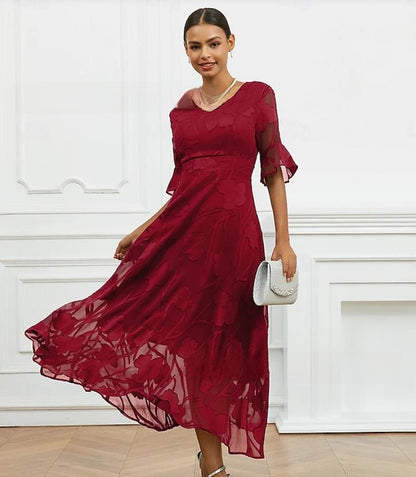 Womens Elegant V-Neck Jacquard A-Line Midi Dress