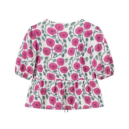 Women's Fashion Printed Loose Short Blouse + High-Waisted Casual Skirt
