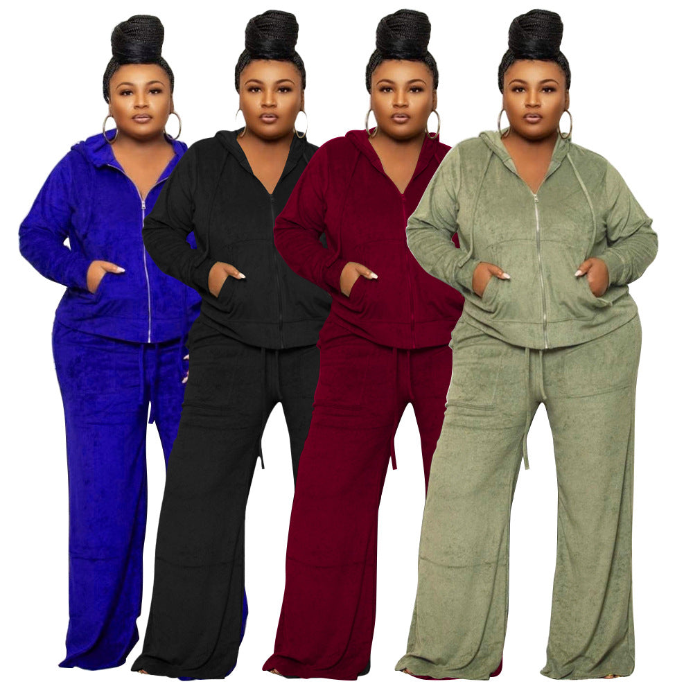 Plus size dames tweedelige set sweatvest met rits en capuchon + broek met hoge taille en wijde pijpen