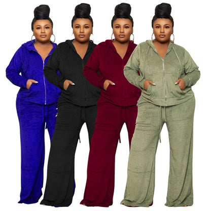 Plus size dames tweedelige set sweatvest met rits en capuchon + broek met hoge taille en wijde pijpen