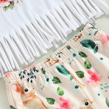 Girls Summer European And American Short Sleeve Tassel T Shirt Rabbit Flower Flare Pants Set Girls Set Two Piece Set