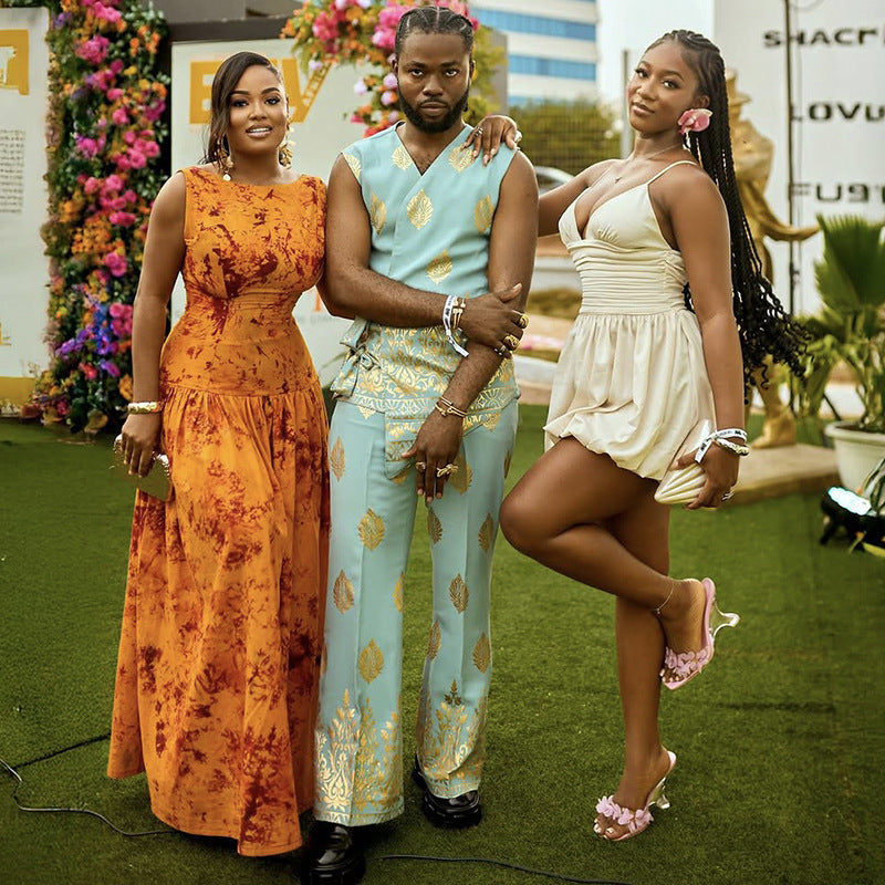 Lage Taille Bedrukte Mouwloze Slim Fit Lange Jurk