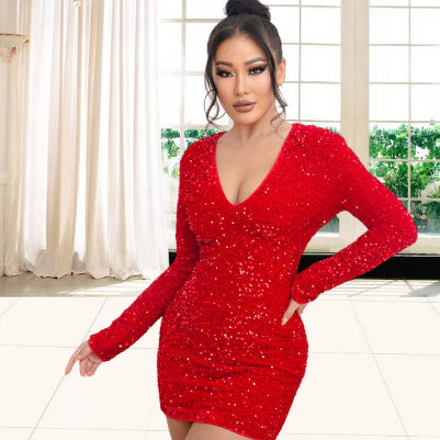 Mini-jurk met pailletten V-hals en lange mouwen
