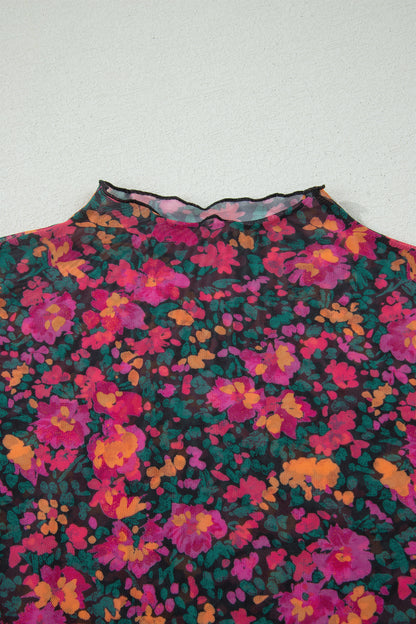 Roze Plus Size Bloemen Mesh Top met Korte Mouwen en Hoge Hals