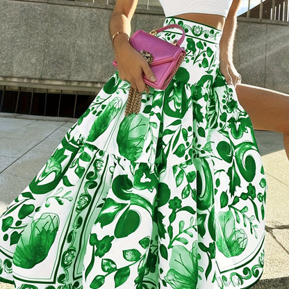 Plus size digitaal bedrukte taille-gecontroleerde retro maxi-rok