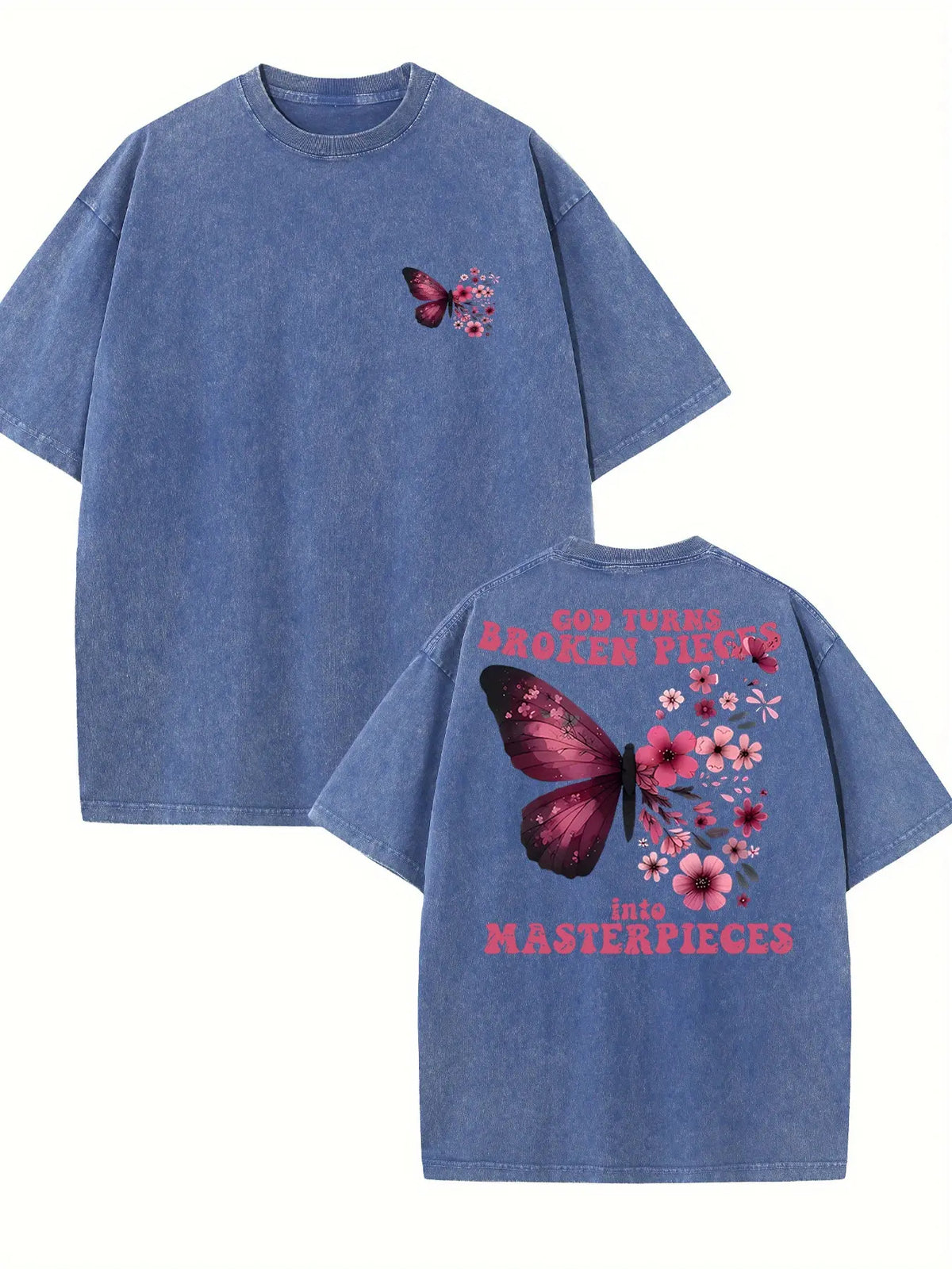 Vintage Washed Cotton T-Shirt with Butterfly Print