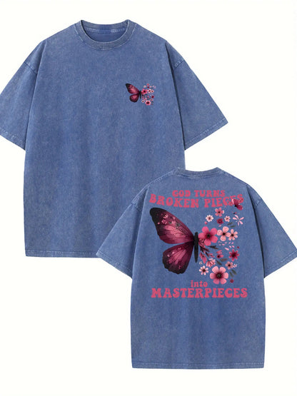 Vintage Washed Cotton T-Shirt with Butterfly Print
