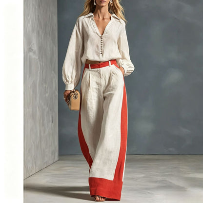Womens Long Sleeve Shirt Wide Leg Pants Suit