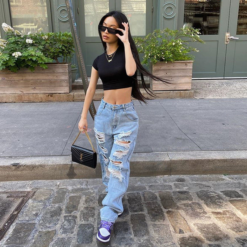 Amerikaanse Street Ripped Jeans Dames Lichte Kleur Hoge Taille