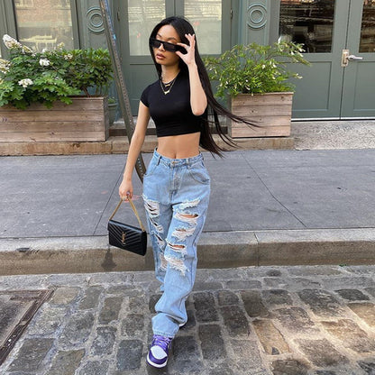 Amerikaanse Street Ripped Jeans Dames Lichte Kleur Hoge Taille