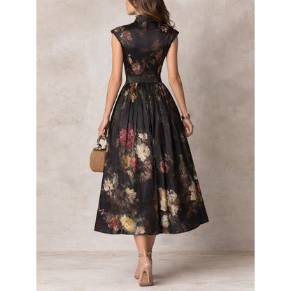 Mouwloze zwarte midi-jurk met driedimensionale bloemenprint nauwsluitende pasvorm in Chinese stijl