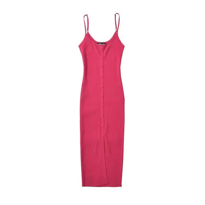 Summer Single Breasted Rib Knitted Dress Women Spaghetti Strap Midi Split Dresses
