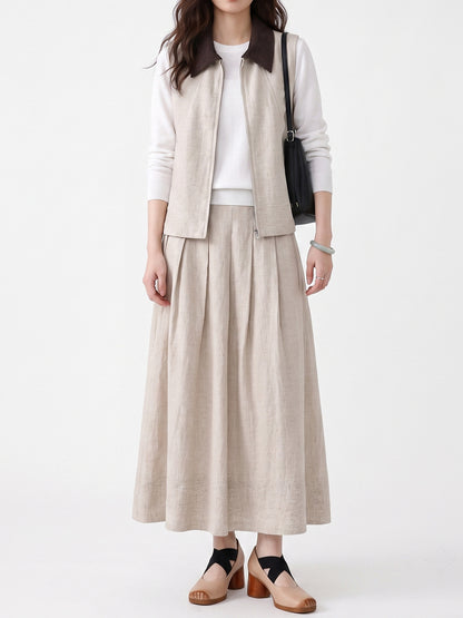 Women's High-Waisted Linen A-Line Pleated Skirt