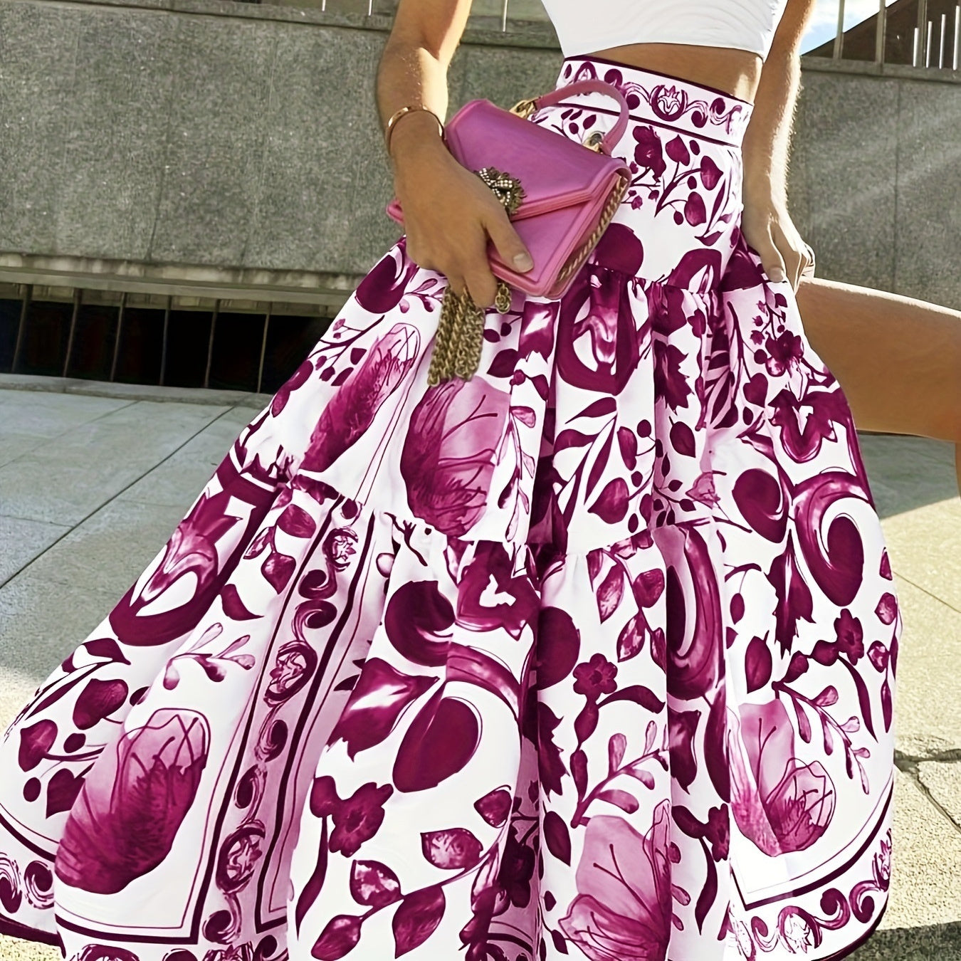 Plus size digitaal bedrukte taille-gecontroleerde retro maxi-rok