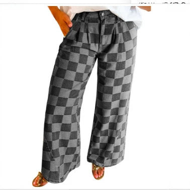 Checkerboard Print High Waist Wide Leg Denim Pants