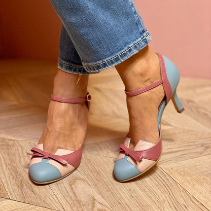 Women's High-Heeled Color-Block Sandals with Bow Strap