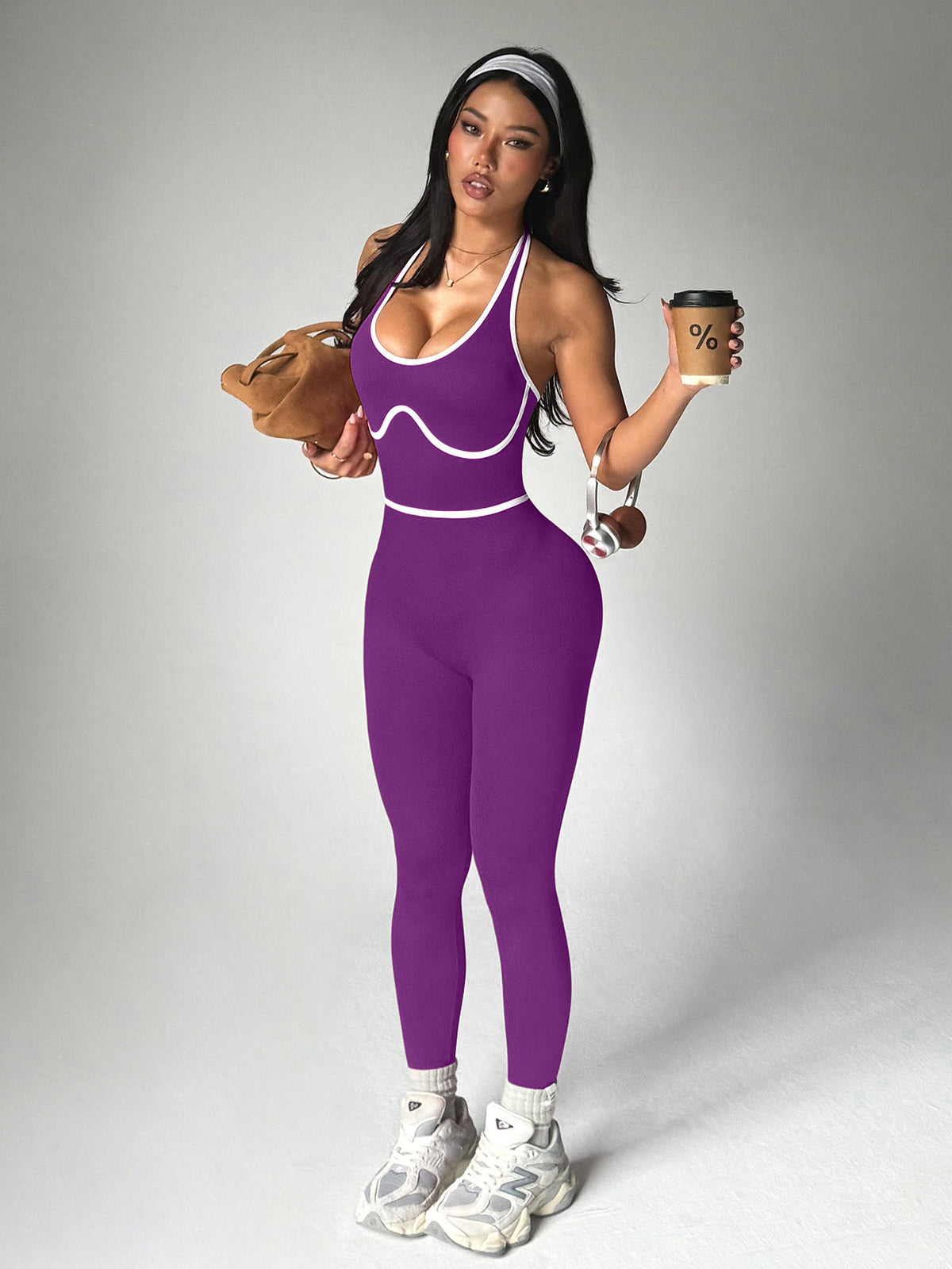 Dames yoga halterjumpsuit met hoge taille en kleurblokken