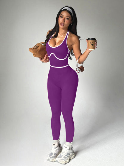 Dames yoga halterjumpsuit met hoge taille en kleurblokken