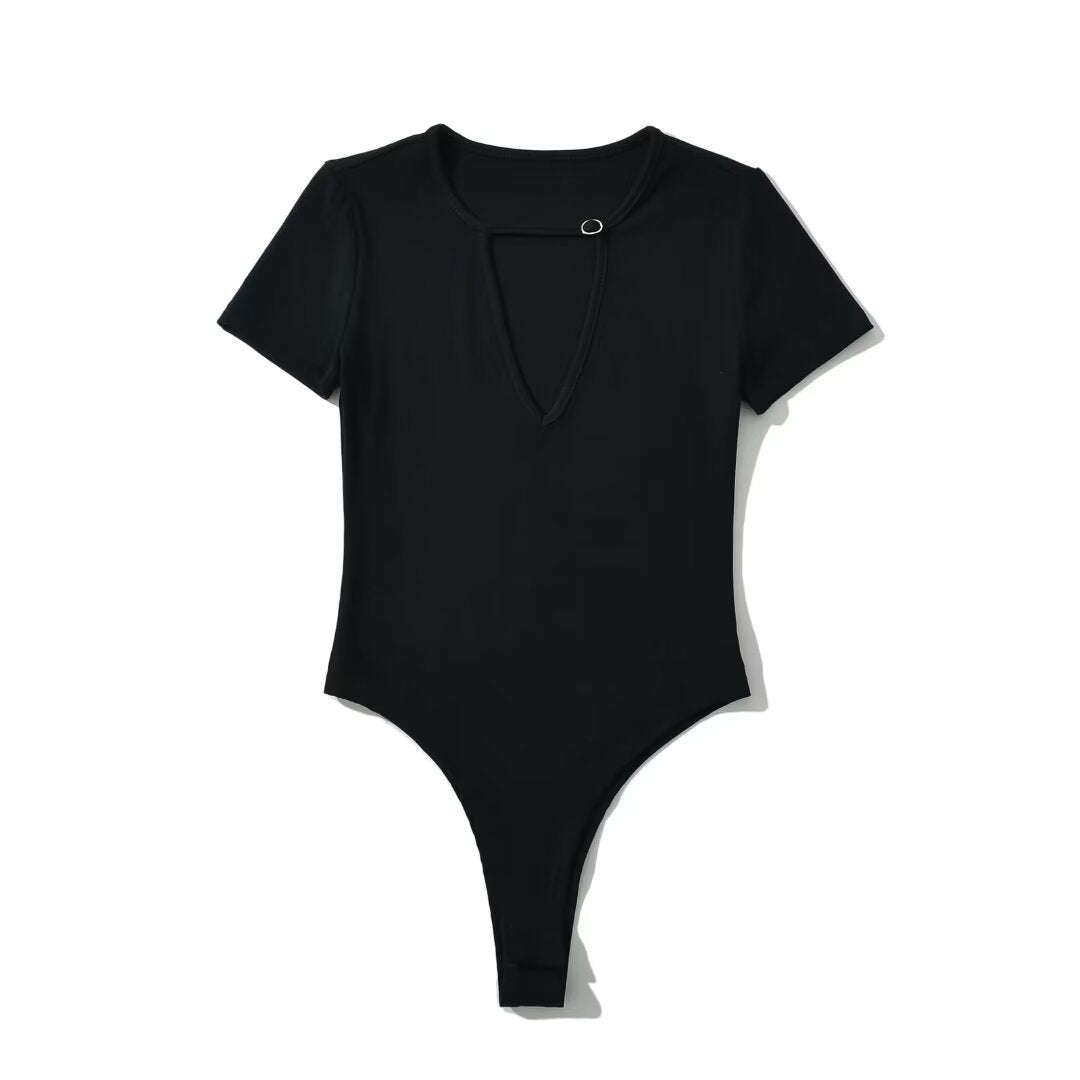 Metal buckle hollow half sleeved jumpsuit