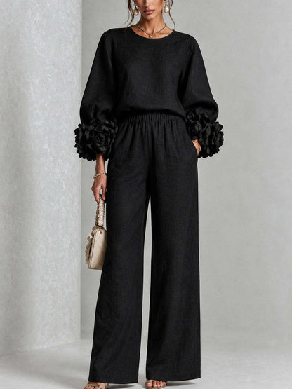 Women's Two-Piece Set Lantern Sleeve Top and Wide-Leg Pants Casual Loose Suit