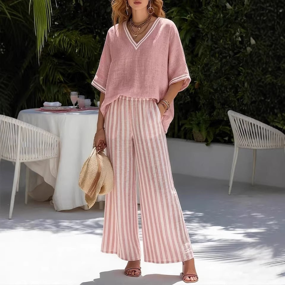 Linen-Cotton Set: Loose V-Neck Short-Sleeve Top and Striped Wide-Leg Pants
