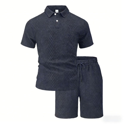 Mens Jacquard Lapel Polo Shirt Shorts Set