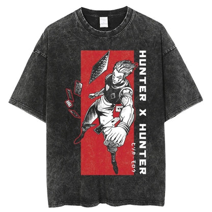 Summer New Fullmetal Alchemist Anime Print T-Shirt Summer Cotton Washed Vintage Distressed Short Sleeve Crew Neck