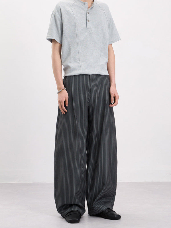 Men Women Retro Pleated Striped Baggy Wide Leg Trousers