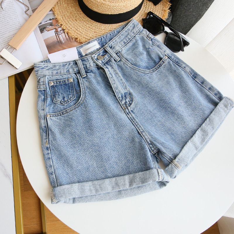 Women's Denim Shorts High-Waisted Trendy Wide-Leg A-Line Slimming Rolled-Up Hot Pants