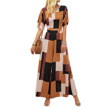 Spring and summer European and American short sleeved women's casual V-neck contrasting skirt set